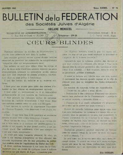 Bulletin de la Fédération des sociétés juives d’Algérie  V°09 N°76 (01/01/1942)